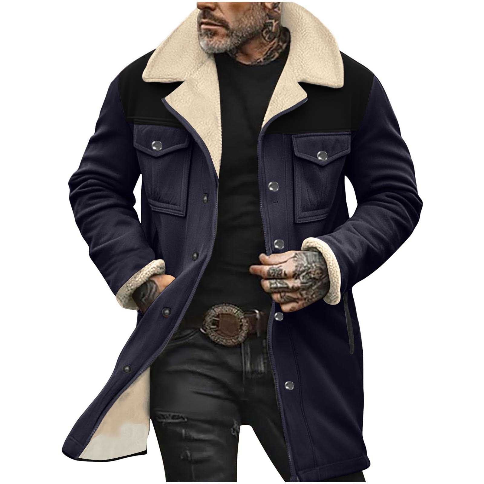BLTIBY Mens Vintage Suede Jacket Plush Collar 2024 Faux Leather Jackets Men Zip Up Motorcycle Coat Coats Retro Tops Navy XL