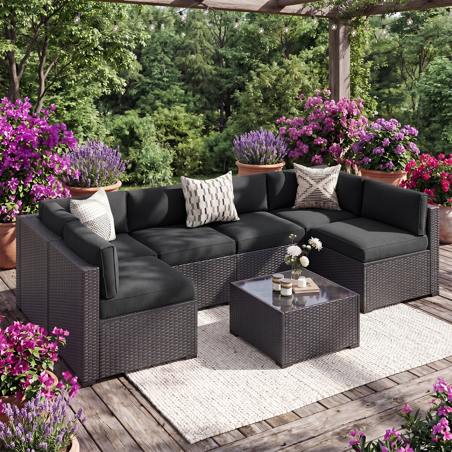 BaPiPro 14 Pack Black Outdoor Patio Sofa Cushion Replacement Covers, Fade‑Proof, Waterproof & Zippered, Wear‑Resistant, Stain‑Resistant Easy‑to‑Clean Slipcovers for Rattan Sectional Furniture