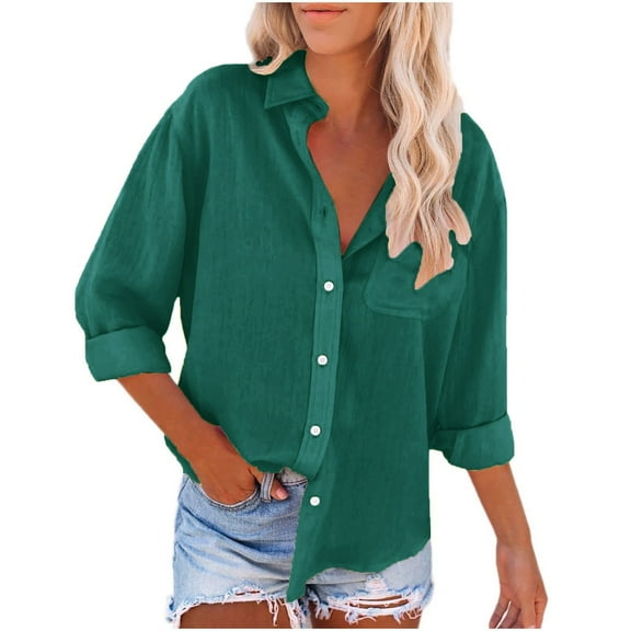 Green Women Shirts, Linen Shirts For Women With Pockets Long Sleeve Button Down Shirt Blouse Loose Fit Vacation Beach Work Tops Clothes,Women Shirts XXL