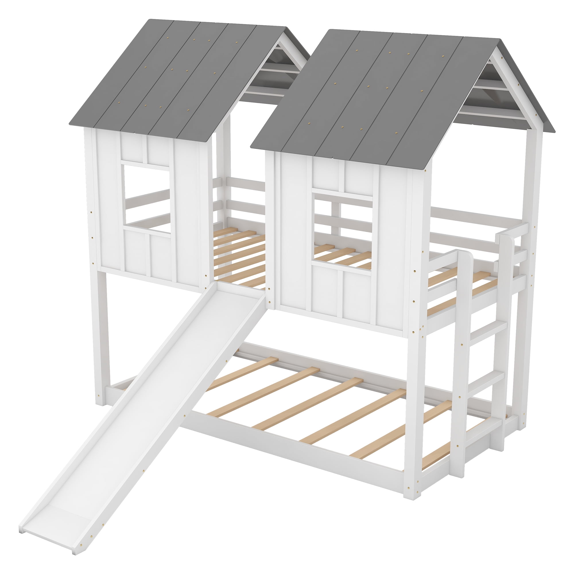 Euroco House-Shaped Twin over Twin Bunk Bed with Roof and Windows for Kids Teens Bedroom, White
