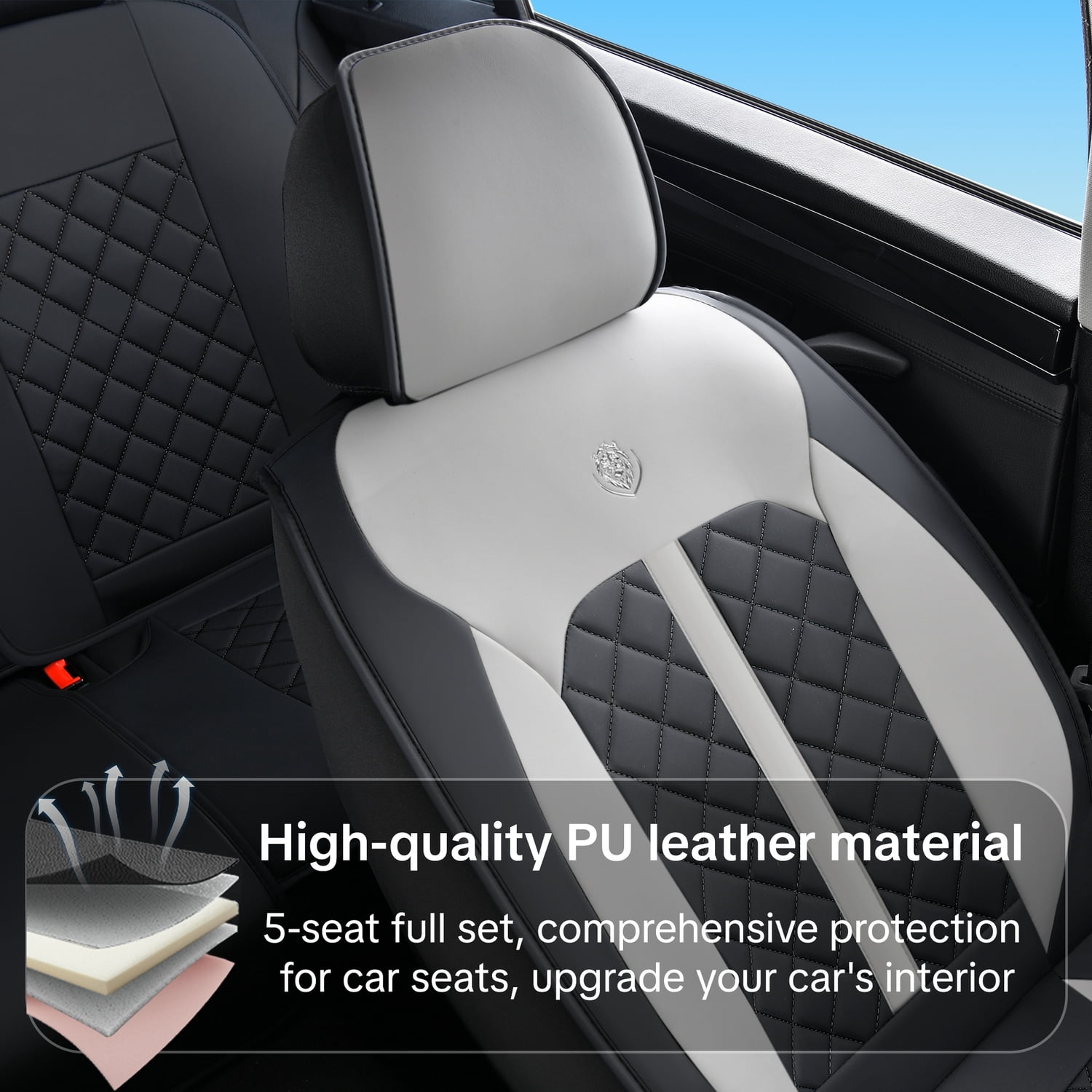 Car Seat Cover for Jeep Wrangler JK Unlimited Sahara 2018, Waterproof Faux Leather 5 Seats Full Set Wear Resistance Protect and Upgrade Seats, Black and Gray Car Seat Covers, Protect Car Seats