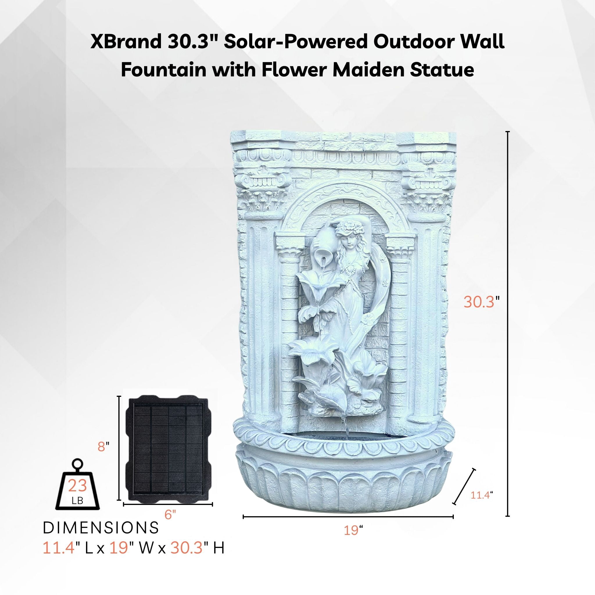 XBrand 30.3" Solar-Powered Outdoor Wall Fountain with Flower Maiden Statue, Antique Stone Waterfall Design for Garden, Yard Décor & Bird Bath, Polyresin