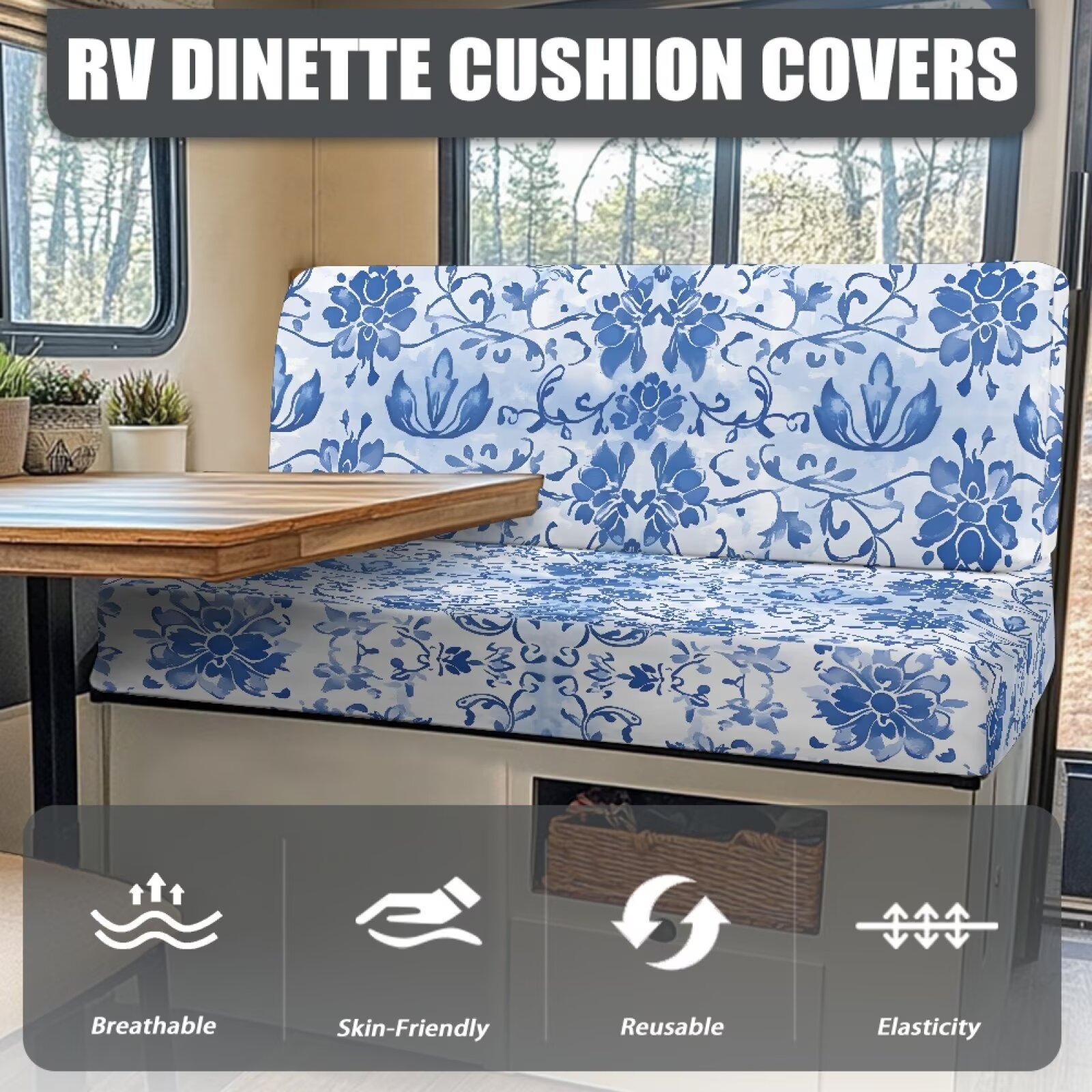 Boatee Beautiful Flower Patterns RV Dinette Cushion Covers Washable RV Furniture Comfortable Loveseat Sofa Chair Cover Furniture Protector Easy to Install Blue