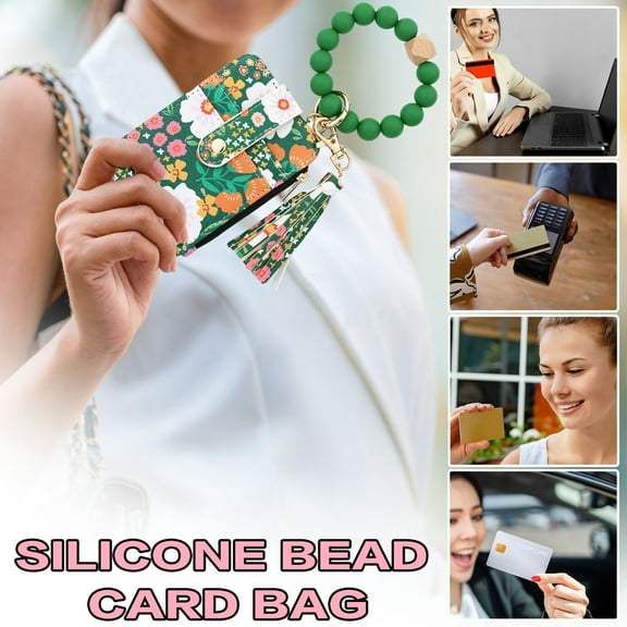 Women's Boho Beaded Wallet, Womens Boho Style Beaded and Tassel Wristlet Keychain Wallet,Wristlet Wallet Keychain with Floral Fruit Pattern Your Compact Daily Companion