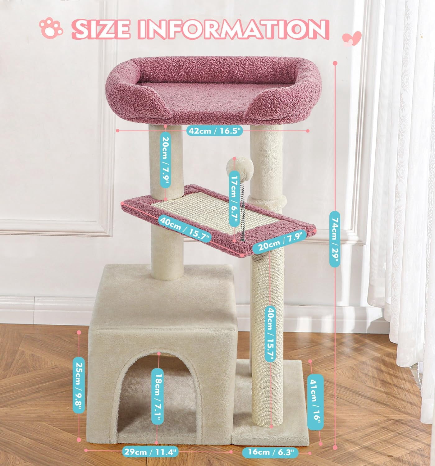 Made4Pets 29" High Multi-Level Climbing Furniture Carpet Cat Tree for Indoors Cats, Pink