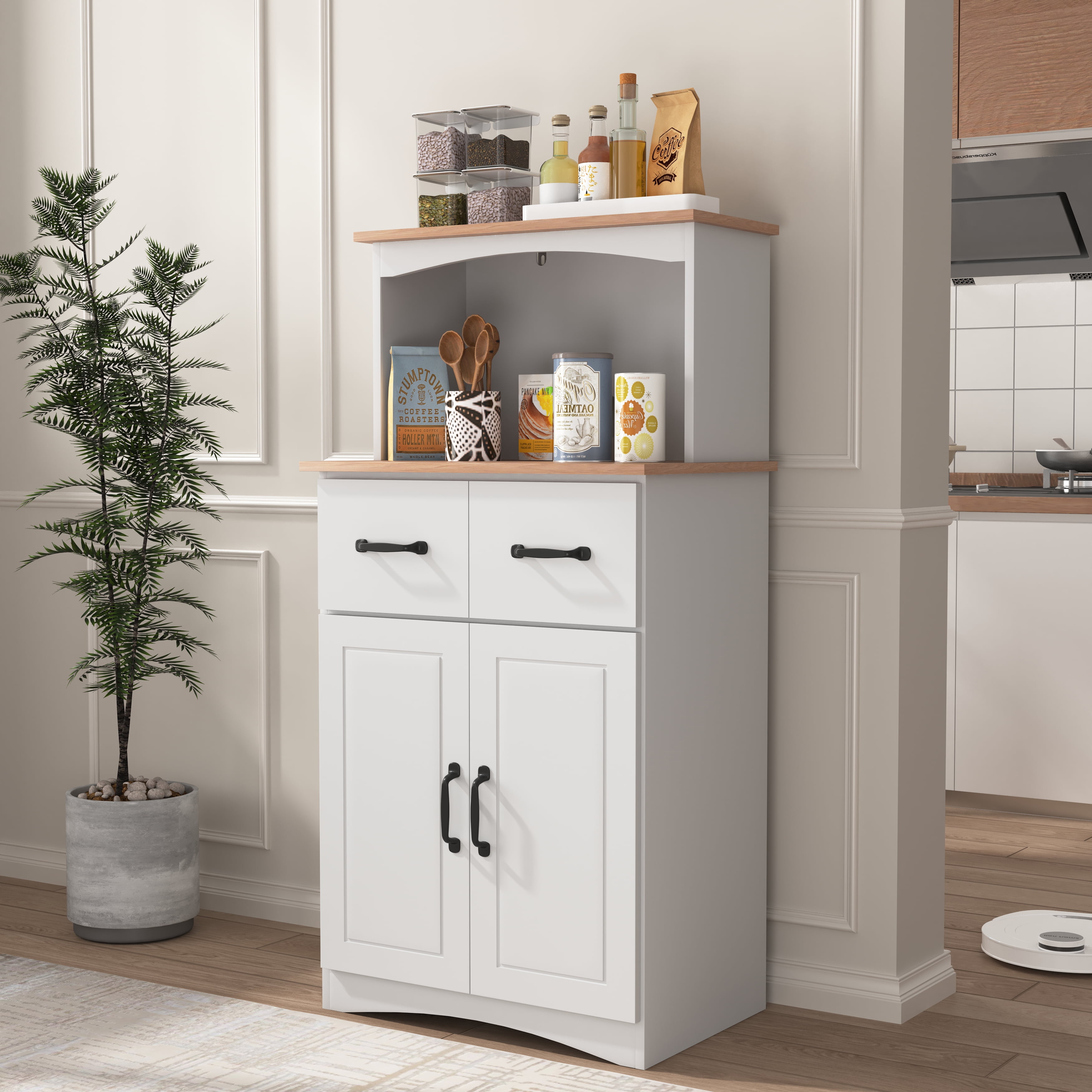 MAYEERTY Wooden Kitchen Cabinet with Microwave Stand, White Pantry Storage with Drawer