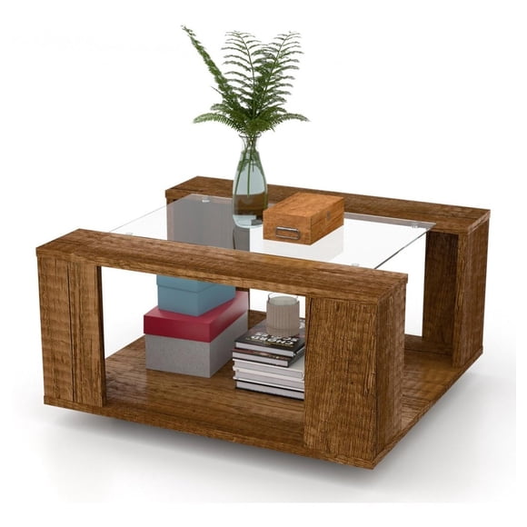 Mesa De Centro Maderkit Con Vidrio Color Caramelo marron