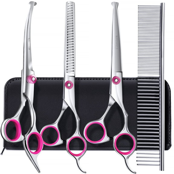 Dog Grooming Scissors Kit Professional 4CR with Safety Round Tip,5 in 1 Heavy Duty Titanium Coated Thinning & Curved & Straight Shears