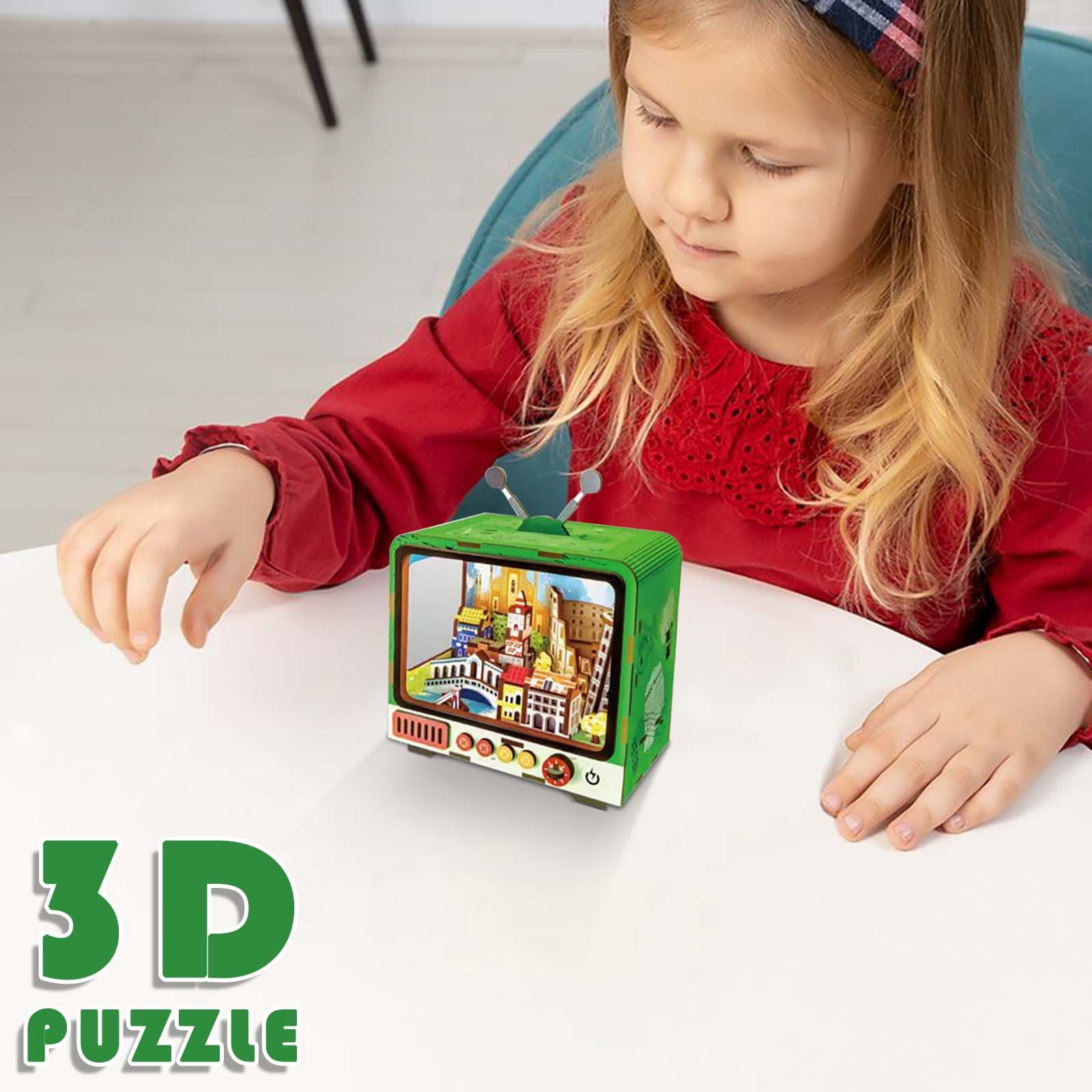 3D Wooden Puzzle TV Building Model, City Theme Architectural Toy with LED Light, Assembly Building Blocks Kit for Teens Adults, Educational Home Decor Gift