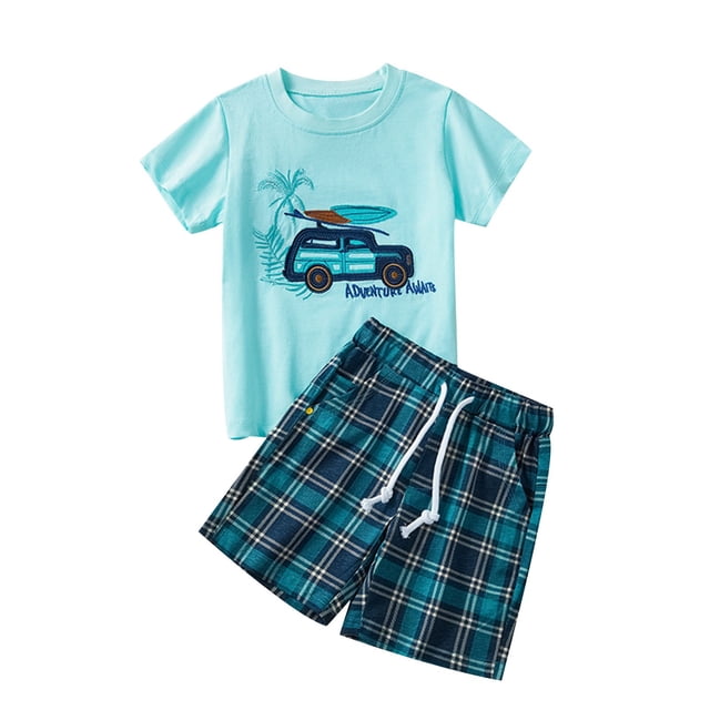 Odeerbi 2-13 Años Niños Trajes de Verano Hawaiano Algodón Manga Corta Camiseta Plaid Pantalones Cortos Conjunto de Dos Piezas Vacaciones En La Playa