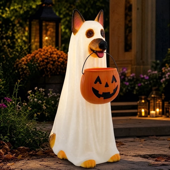 MYUNNIL Halloween Light up Ghost Dog Statue, 14" Glowing LED Ghost Dog Resin Ornament with Pumpkin Basket, Cute Waterproof Seasonal Decoration for Porch Party Garden Yard Decor