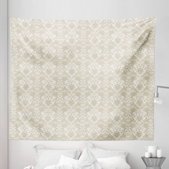 Beige Tapestry, Lace Inspired Floral Arrangement Traditional Foliage Pattern Ornate Romantic Design, Fabric Wall Hanging Decor for Bedroom Living Room Dorm, 5 Sizes, White Beige, by Ambesonne