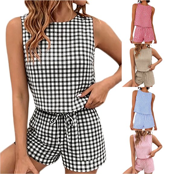 SONXAHE Sleeveless Matching Sets for Women Gingham Print Summer Daily Casual Suits