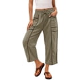 thumbnail image 5 of ZHYou No Boundarie Womens Wide Leg Capri Pants High Waisted Drawstring Elastic Waist with Pockets Contrast Stripe Loose Fit Casual Summer Cropped Trousers Khaki Size L, 5 of 8