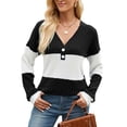 thumbnail image 5 of Deago Women's Color Block Long Sleeve Fall Sweaters Casual Fashion Ribbed Knit V Neck Button Pullover Shirts Tops (Black, S), 5 of 8