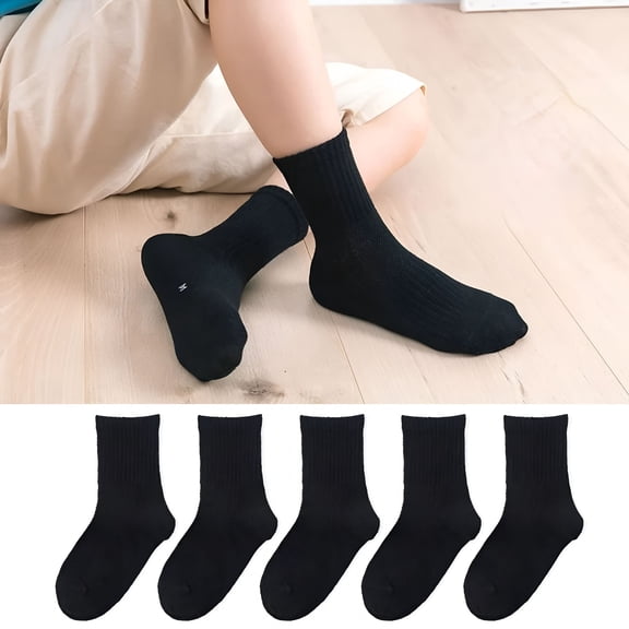 TELOLY 5 Pairs Kids Soft Breathable Cotton School Socks for Girls and Boys - Casual Sports Socks, Black, 3-5 Years