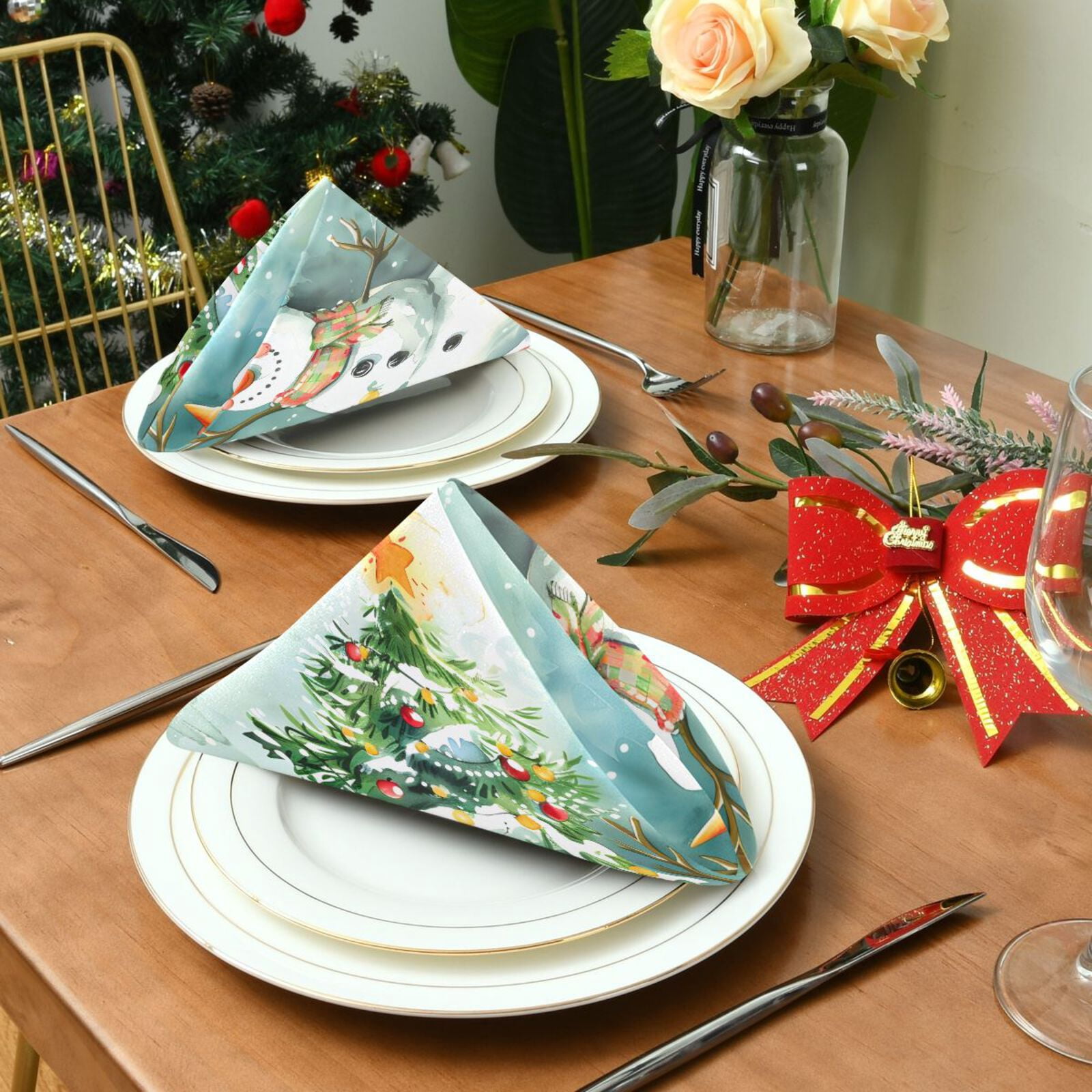 JSTEL Christmas Snowman Tree Cloth Napkins Set of 6, 20x20 Inch Washable and Reusable Napkin for Decoupage Dinner Party Everyday Use