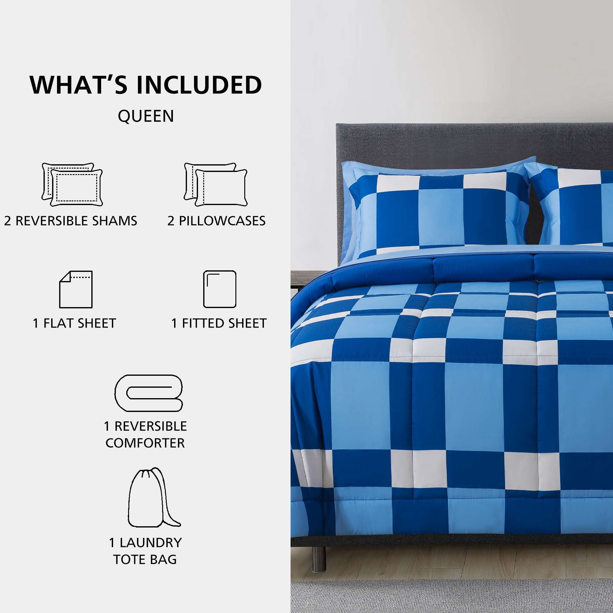 Mainstays 7-Piece Reversible Bed-in-a-Bag with Laundry Tote, Blue Check, Queen