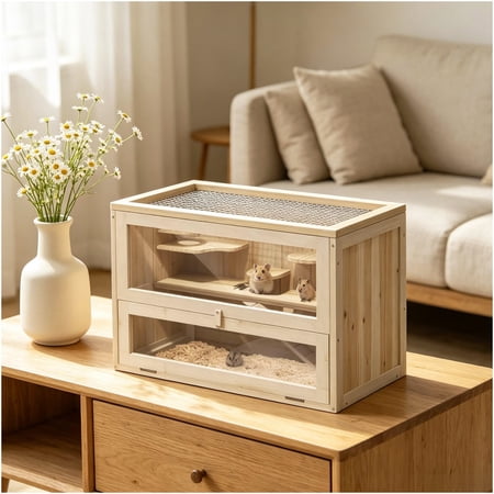 Wooden Small Animal House with Openable Roof for Hamsters Mice Guinea Pigs Indoor Home Habitat Natural Fir Wood Pet Resting and Play Area