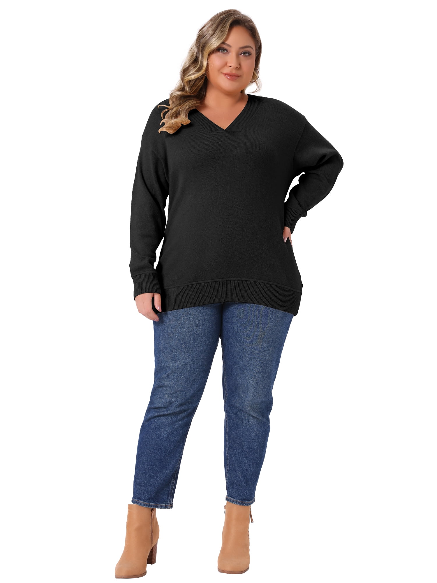DARING DIVA Women's Plus Long Sleeve V Neck Knit Pullover Sweater 2X Brown