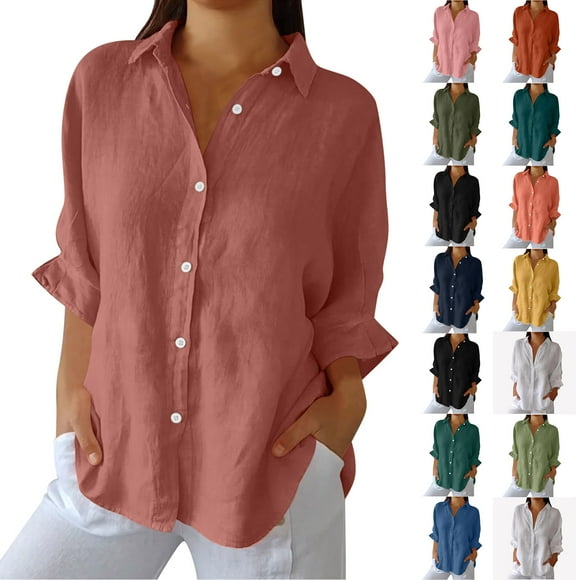 DDAPJ pyju Oversized Linen Tops for Women 3/4 Sleeve Button Down Shirt Loose Casual Collared Blouses Sales of the Day Dark Green XXXXXL
