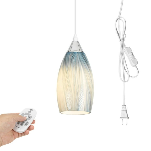 Kiven Plug in Pendant Light, Farmhouse Hanging Light Fixture with Remote and Art Glass Lampshade, E26 Socket Dimmable Pendant Lights for Bedroom Hallway Kitchen TB3232-G