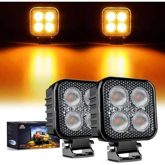 Nilight 2PCS 3Inch 15W Amber LED Pods Square Built-in EMC Work Light 90° Flood Beam Angle for Offroad Lights Side Light Rear Back-Up Light for Tractor Truck Motorcycle Boat ATV UTV, 5 Years Warranty
