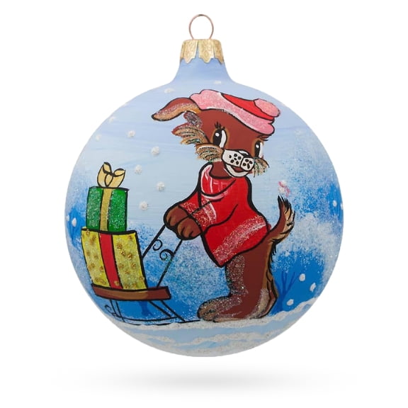 Dog Delivering Christmas Gifts on Sleigh Glass Ball Christmas Ornament 4 Inches