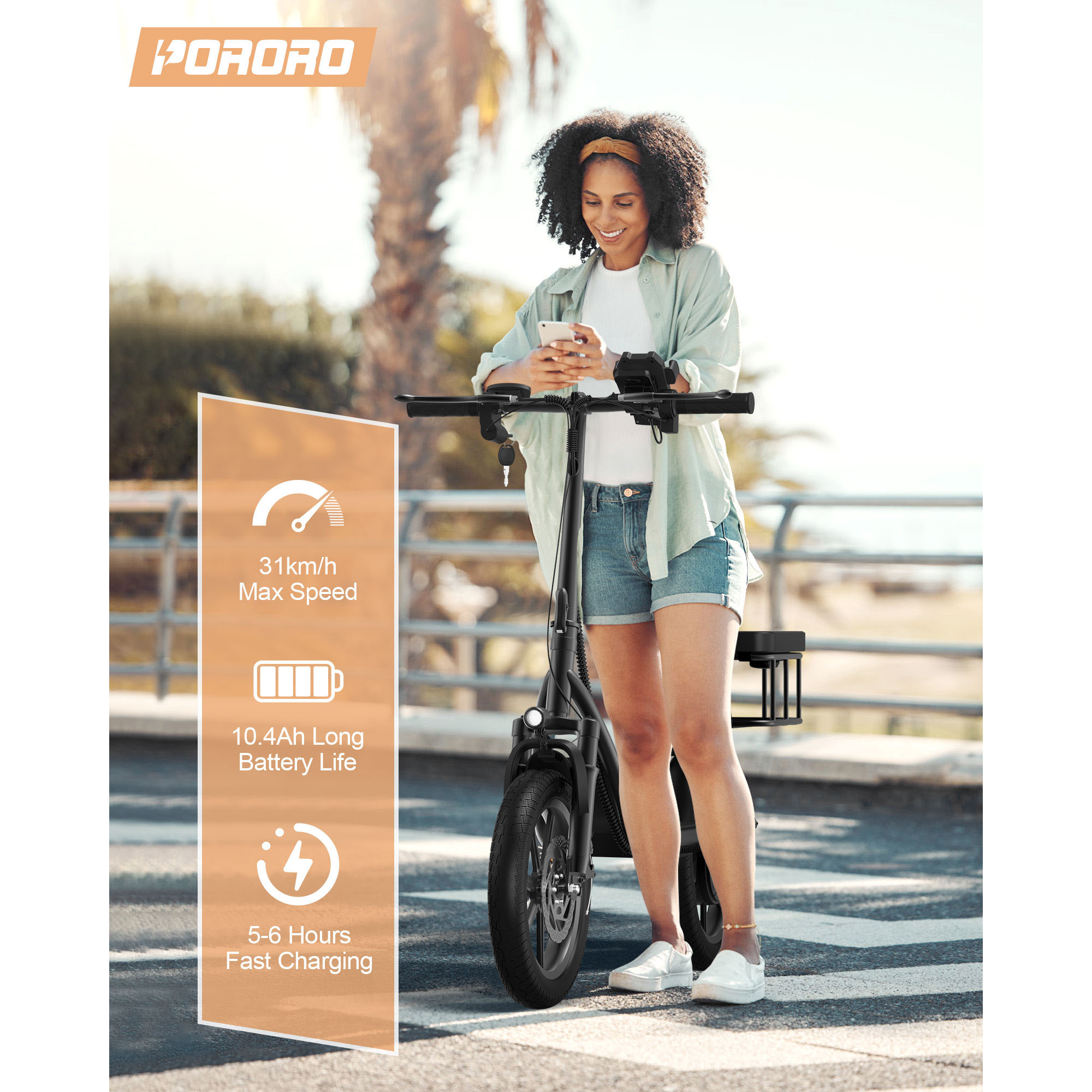 PORORO SLW50 Electric Scooter with Seat for Adults, Max 25 Miles Range with 14" Tires, 500W, 22MPH, Black