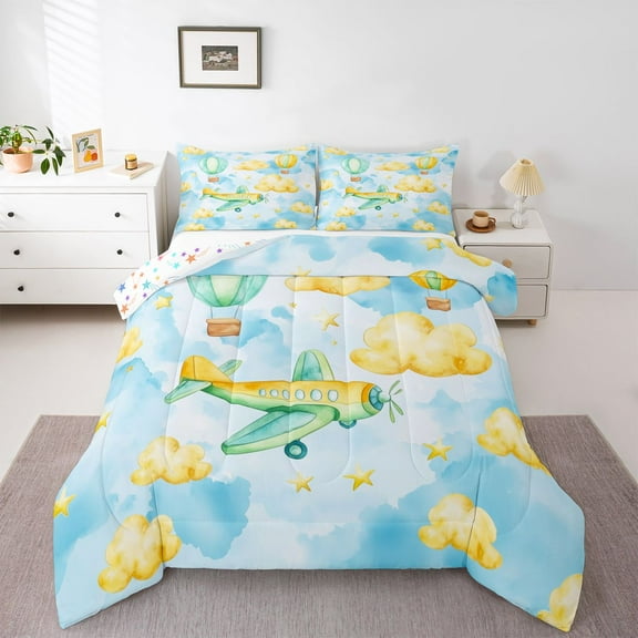 Homewish Cartoon Helicopter Print Bedding Comforter Set, Dreamy Gold Colud Twin Comforter Sets, Teens Kids Boys Girls Reversible Bedding Set, Lightweight Room Decor, 2 Pieces