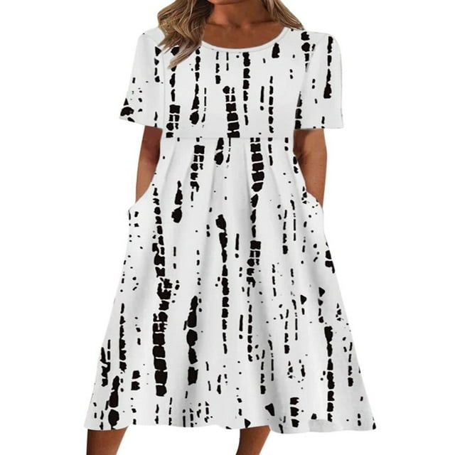 Robes Maxi Amples d'Été Décontractées pour Femmes à Manches Courtes, Col Ras du Cou, Imprimé Fleurs/encre