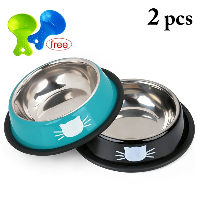 2PCS Pet Cat Bowl with 2 Food Scoops Stainless Steel Non-slip Water Food Bowl For Cat