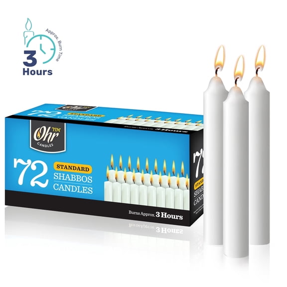 Ohr 3 Hour Shabbat Candles, 72 Count White Taper Candles, Dripless Emergency Candles, Unscented Prayer & Religious Candles, Long Burning Household Candle Supply