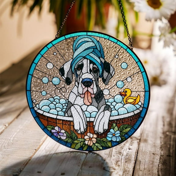 ViciArt Dog Bath Suncatcher – Great Dane Window Hanging with Rubber Duck, Funny Pet Lover Decor