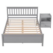 paproos Full Bed with Nightstand, Solid Wood Platform Bed with Headboard and Footboard, Modern Full Size Bed Frame for Kids Teens Adults, No Box Spring Needed, Gray
