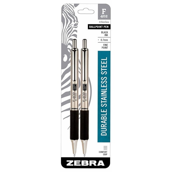 29212 Zebra F-402 Ballpoint Stainless Steel Retractable Pen, Fine Point, 0.7mm, Black Ink, 2-Count Improved Version (2-Count)