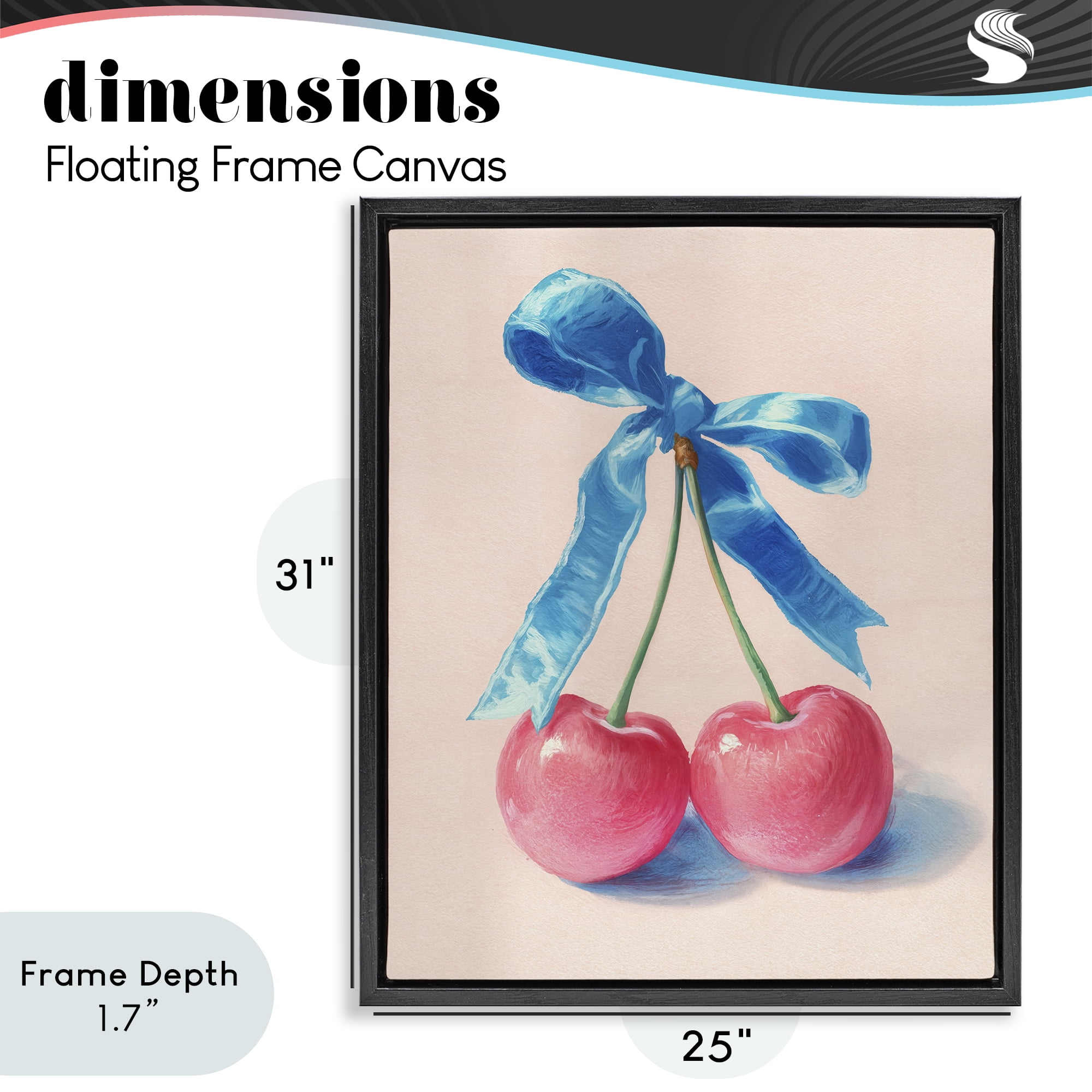 Stupell Industries Twin Cherries with Blue Ribbon Black Framed Floater Canvas Wall Art, design by Imagine It Images