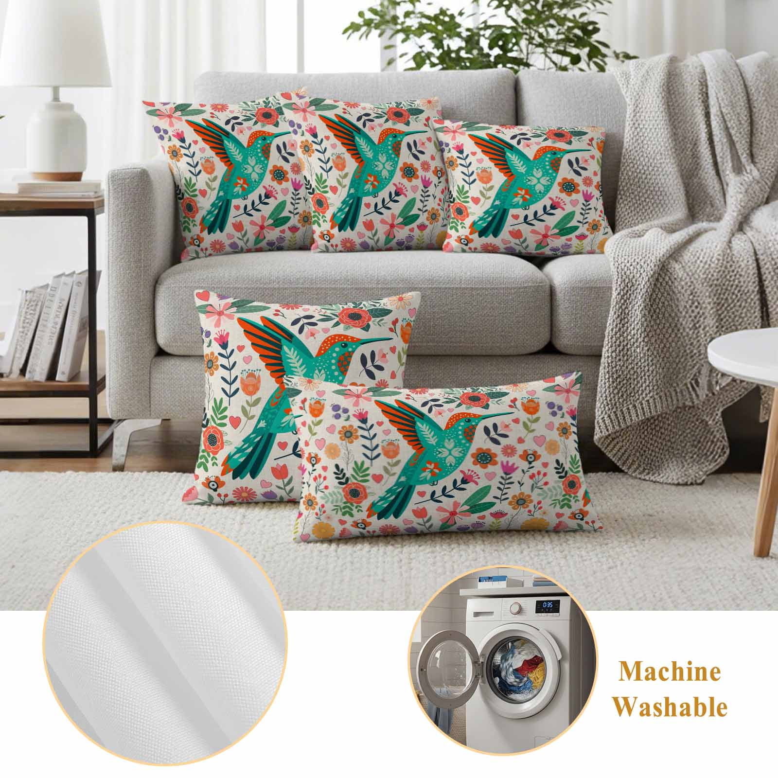 Turquoise Birds Outdoor Waterproof Pillow Covers, Country Cartoon Colorful Flowers Herbs Decorative Square Throw Pillowcase Sofa Cushion Sham for Patio/Couch/Chair, 24"x24" 2 Pack