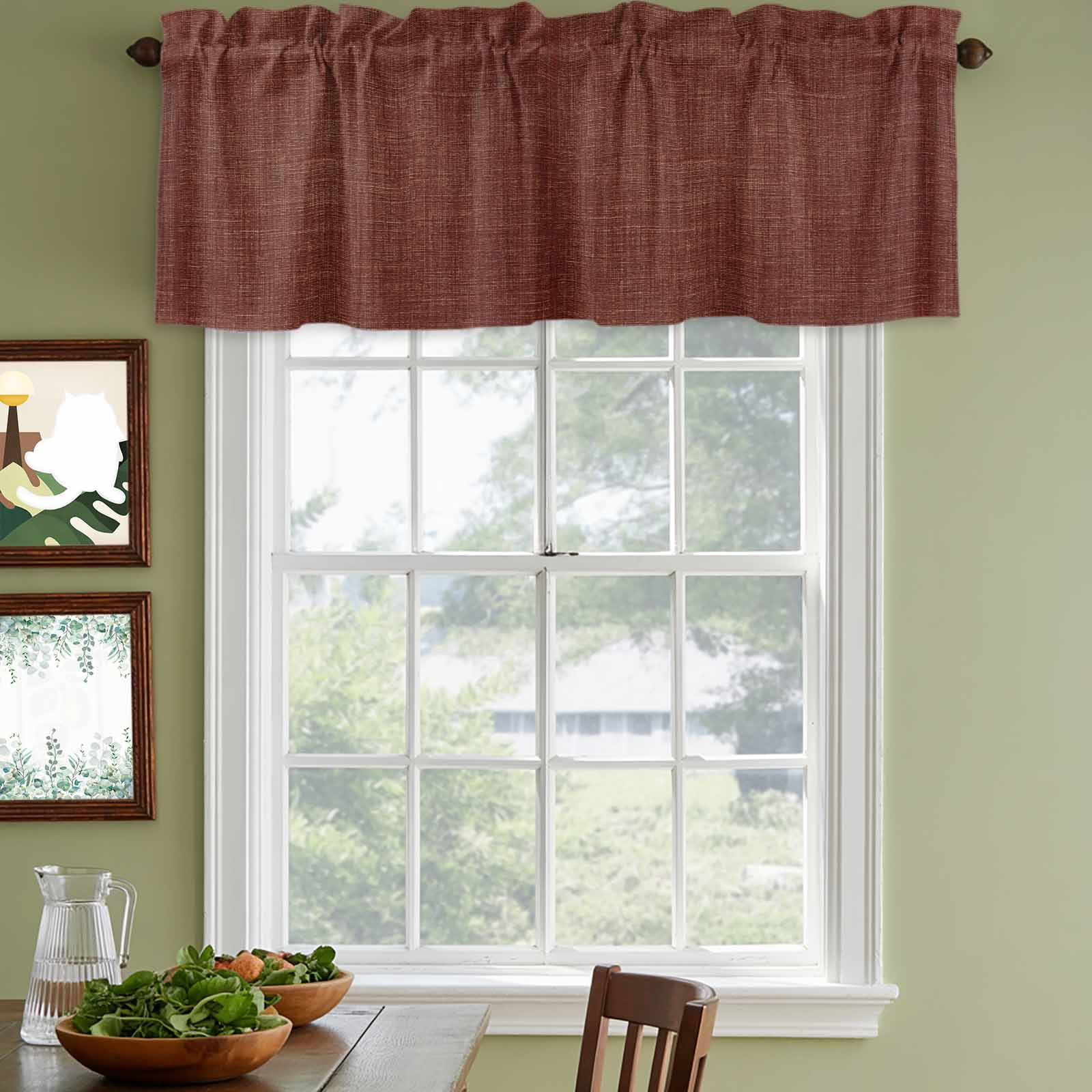 2 Panels Dark Brown Valance for Windows, Farmhouse Burlap Solid Brown Modern Linen Texture Light Filtering Kitchen Curtains, Rod Pocket Window Treatment Curtain Valances for Living Room, 42"x18"