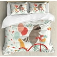 thumbnail image 1 of Kids Queen Size Duvet Cover Set, Cute Raccoon on Bicycle with a Cat Friend and Balloons Happy Birthday Journey Theme, Decorative 3 Piece Bedding Set with 2 Pillow Shams, Multicolor, by Ambesonne, 1 of 3