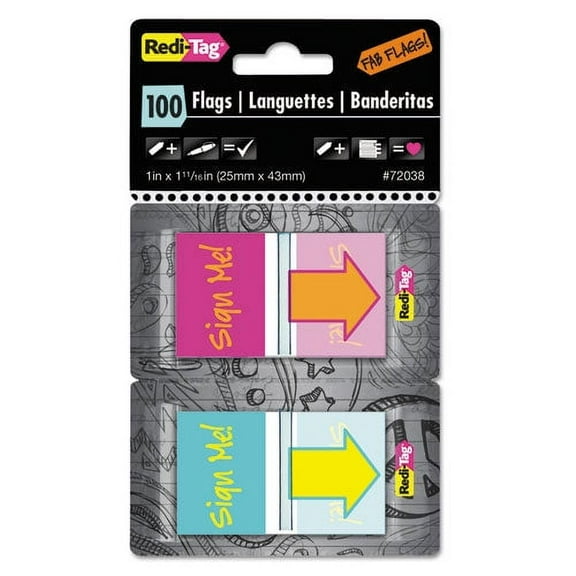 Redi-Tag Pop-Up Fab Page Flags w/Dispenser, "Sign Me!", Red/Orange, Teal/Yellow, 100/Pack, Each