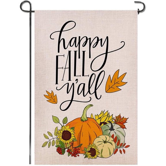 Happy Fall Y'all Welcome Double Sided Burlap Garden Flag, Sunflowers Pumpkins Autumn Maple leaves Seasonal Thanksgiving Outdoor Small Decorative Flags for Home Yard Lawn, 18 x 12 Inch