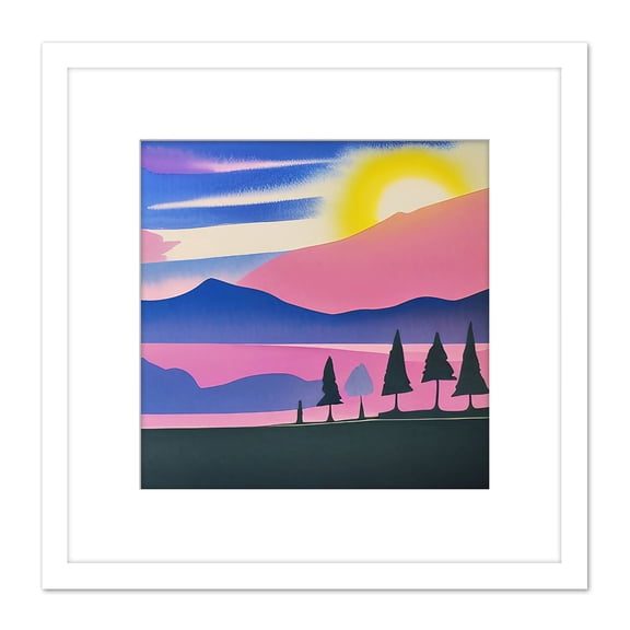 Sunset Mountain Forest Winter Lake Magenta Watercolour Square Wooden Framed Wall Art Print Picture 8X8 Inch