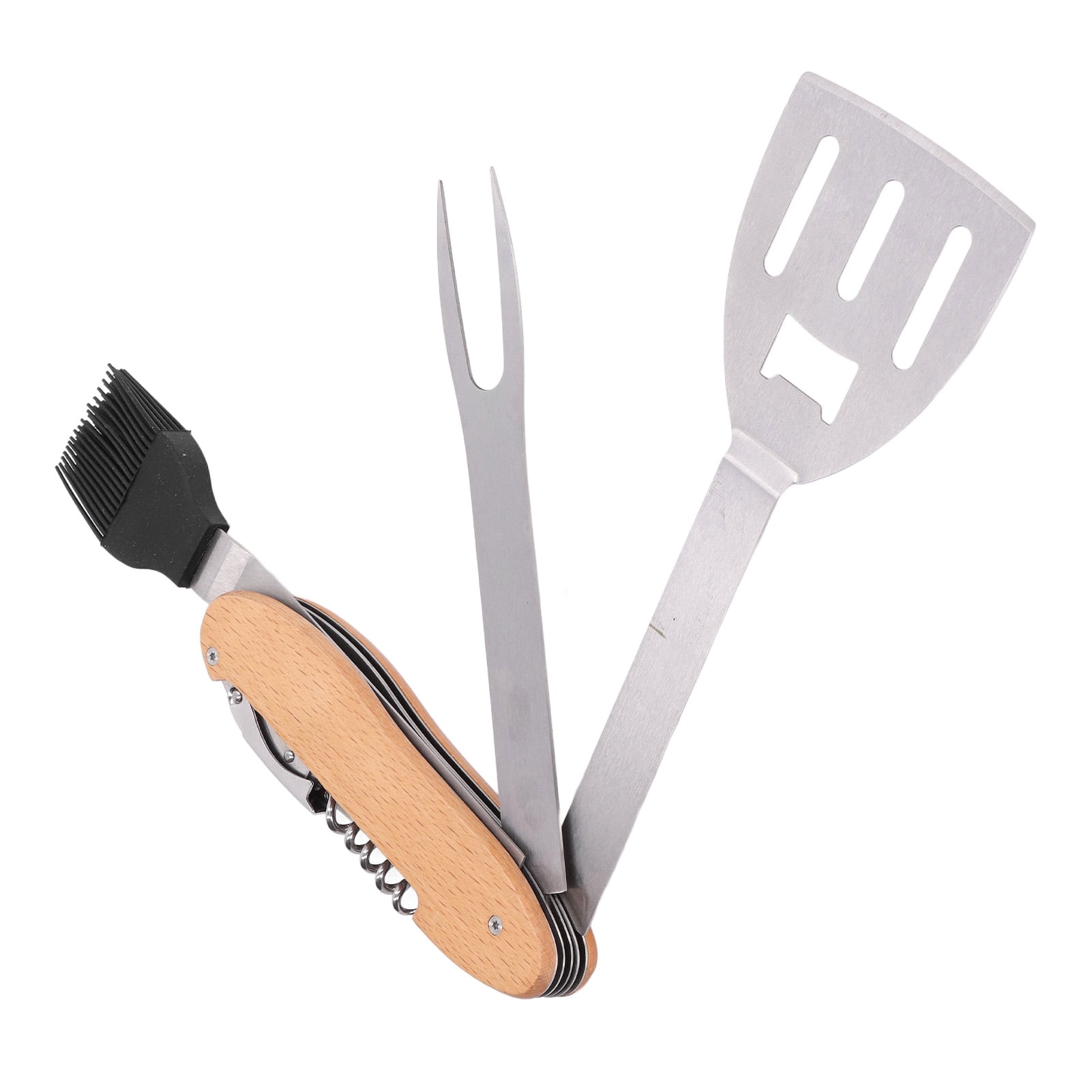 Suodoka 5 in 1 BBQ Tool Set Stainless Steel Foldable Spatula Brush Fork Bottle Opener Multipurpose Portable Grill Combo Kit for Outdoor Cooking and Camping