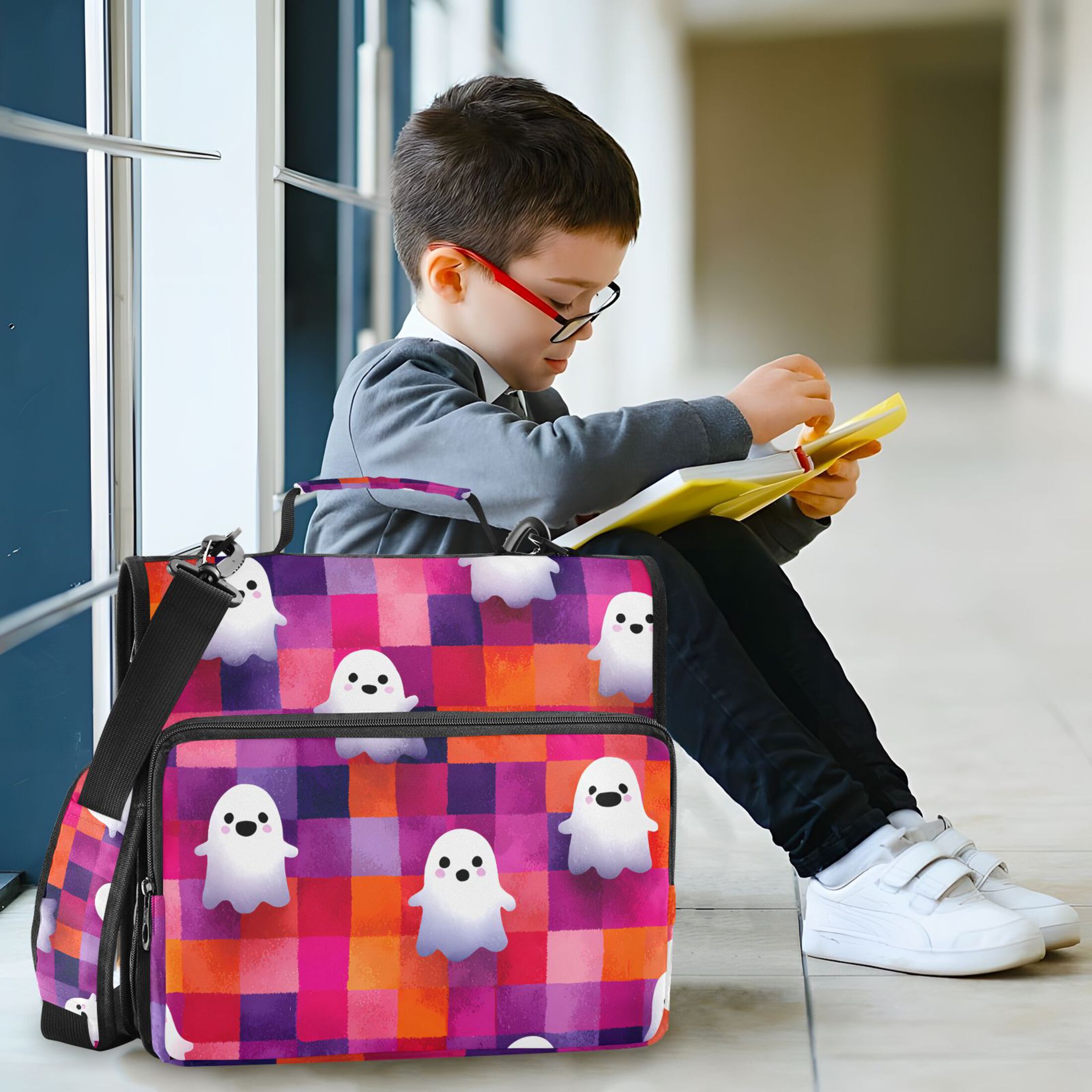3 Ring Zipper Binder with Shoulder Strap Waterproof Trapper Keeper 2 Inch D-Ring 500 Sheets Capacity Cute Ghost on Checkered