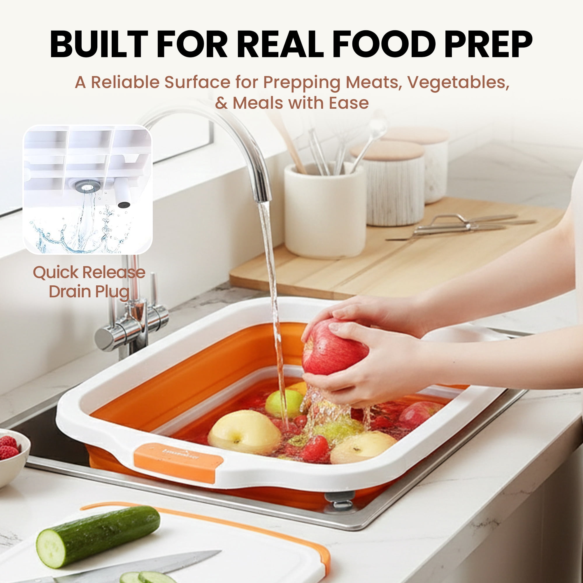 Havenity Collapsible BBQ Prep Tub 16L with BBQ Blanket - For Meal Prep, Marinating, Food Storage - Includes Cutting Board Lid - Orange - XL