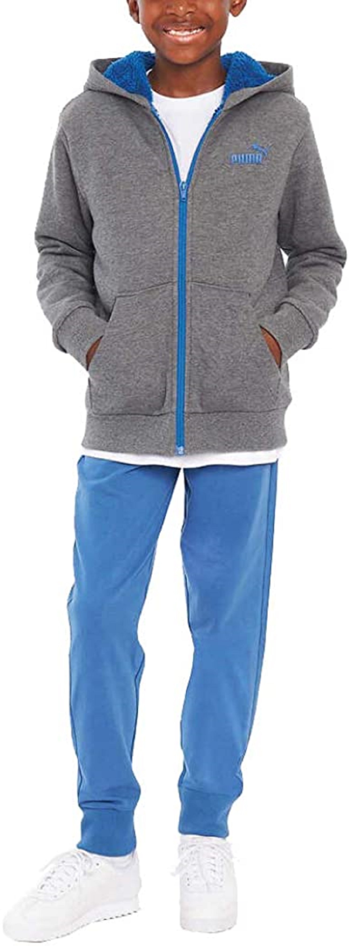 PUMA Girls' Zip Up Sherpa Hoodie Jacket, Gray/Blue, 14/16 - Walmart.com - Walmart.com