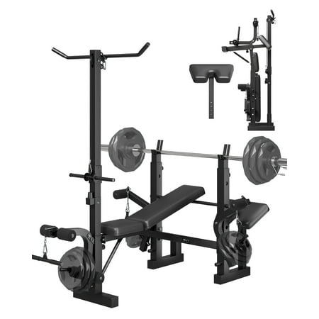 7-in-1 Adjustable Weight Bench Press Set with Squat Rack, Leg Extension, Preacher Curly Pad & Lat Pulldown – Collapsible Flat Incline Strength Training Station for Home Gym