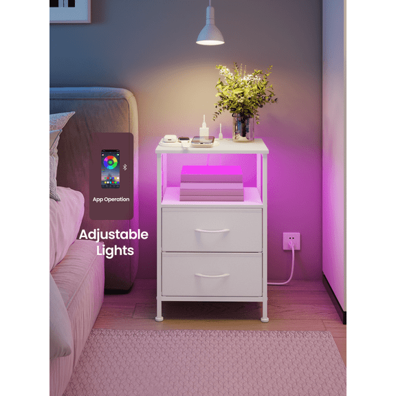 LEDREM Nightstand with Charging Station & App-Controlled LED Lights, Bed Side Table with 2 Drawers and 1 Open Shelf, Cloud White