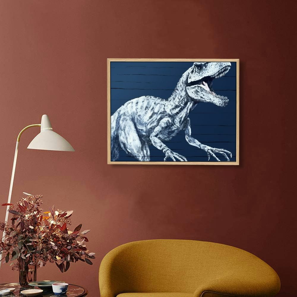 JRXY Dinosaur Boys Room Decor Navy Blue Dinosaur Poster Dinosaur Wall Art Bedroom Wall Decor Framed Ready to Hang Picture 1